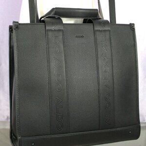 NEW Aldo Black Pebbled Tote Shoulder Bag – Embossed Logo Straps, Structured Satc